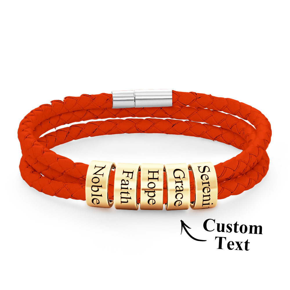 Men Braided Leather Bracelet with Small Custom Gold Beads