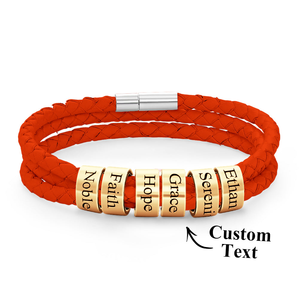 Men Braided Leather Bracelet with Small Custom Gold Beads