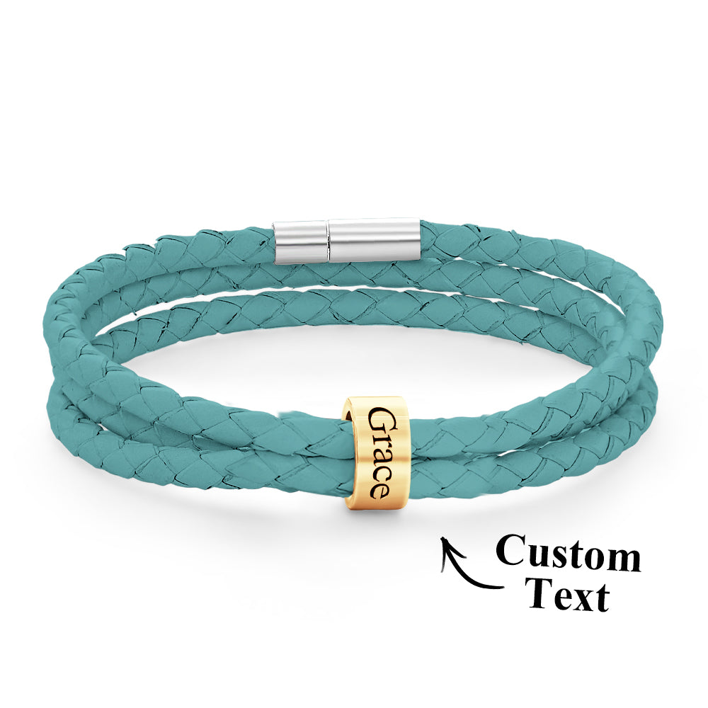 Men Braided Leather Bracelet with Small Custom Gold Beads