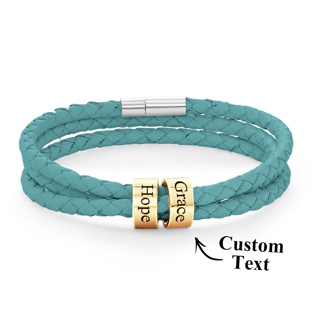 Men Braided Leather Bracelet with Small Custom Gold Beads