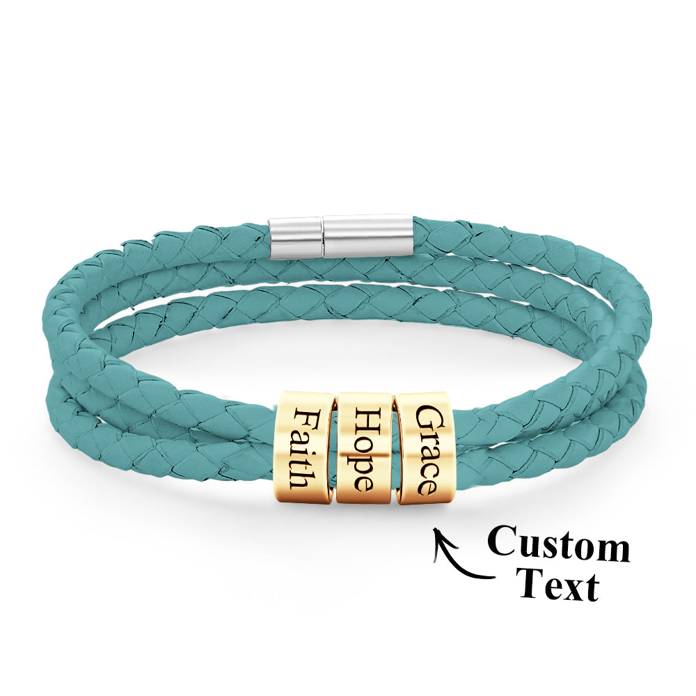 Men Braided Leather Bracelet with Small Custom Gold Beads