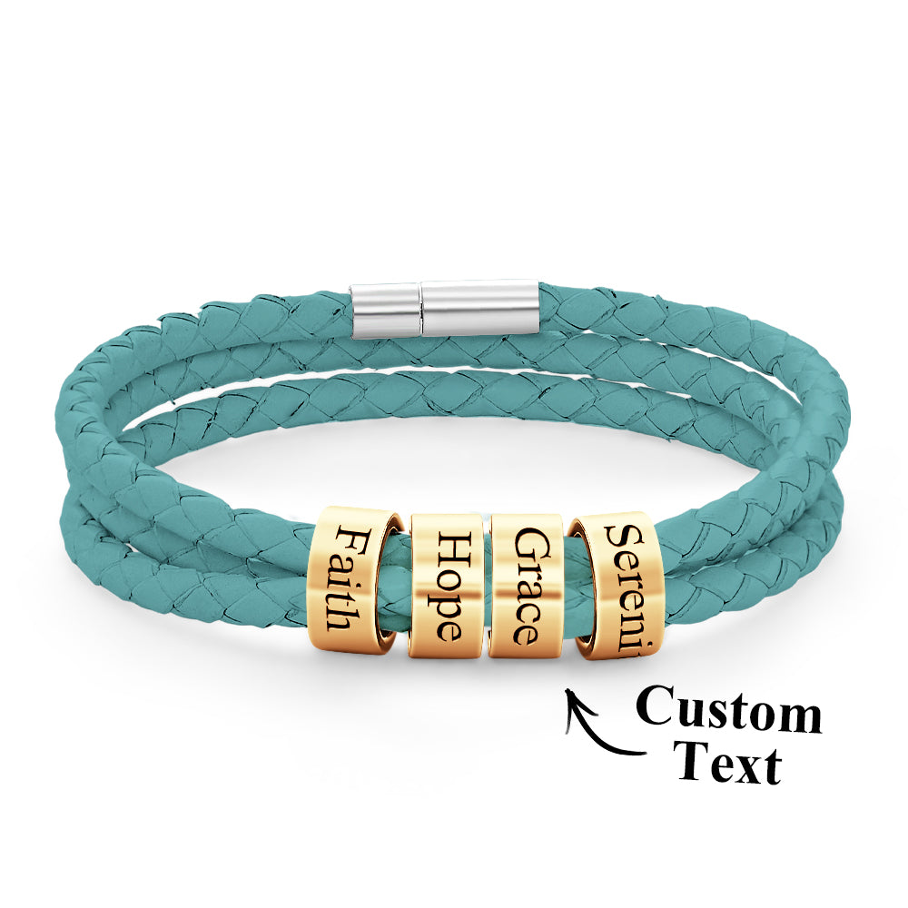 Men Braided Leather Bracelet with Small Custom Gold Beads