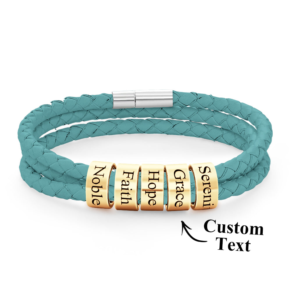Men Braided Leather Bracelet with Small Custom Gold Beads