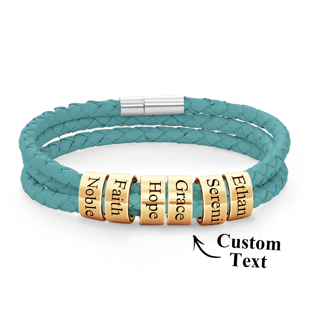 Men Braided Leather Bracelet with Small Custom Gold Beads