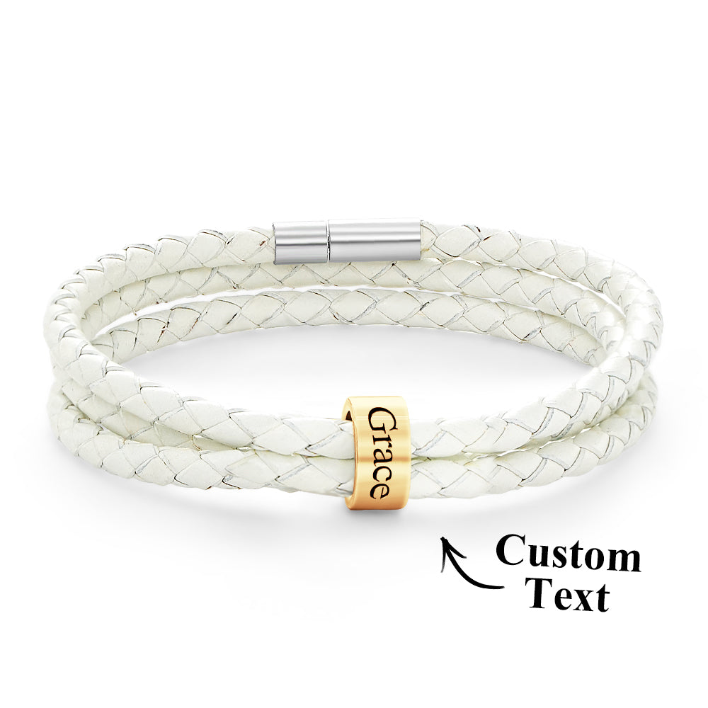 Men Braided Leather Bracelet with Small Custom Gold Beads