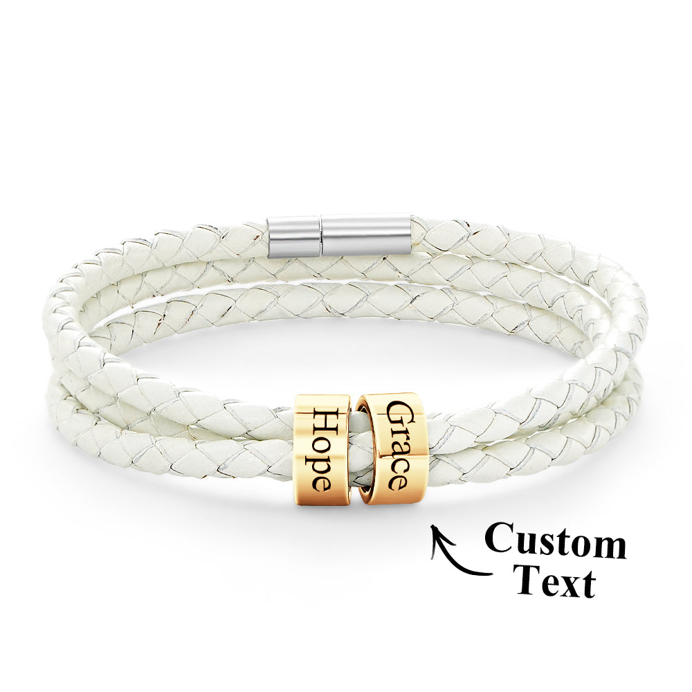 Men Braided Leather Bracelet with Small Custom Gold Beads
