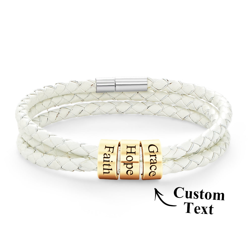 Men Braided Leather Bracelet with Small Custom Gold Beads