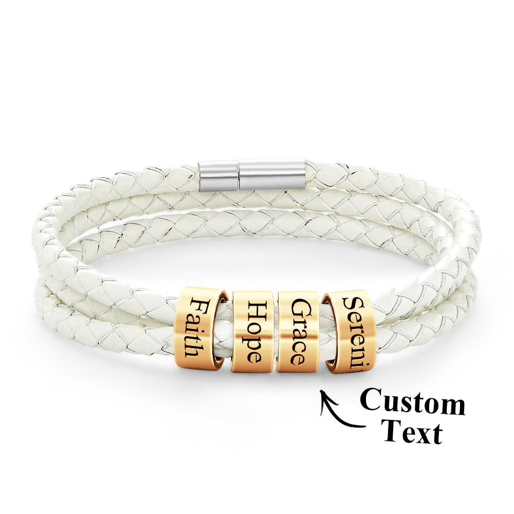 Men Braided Leather Bracelet with Small Custom Gold Beads