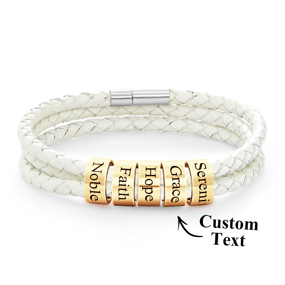 Men Braided Leather Bracelet with Small Custom Gold Beads