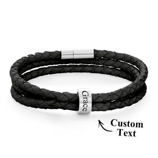 Men Braided Leather Bracelet with Small Custom silver Beads
