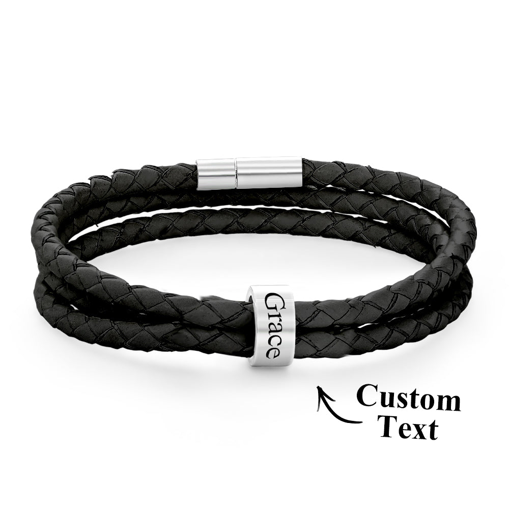 Men Braided Leather Bracelet with Small Custom silver Beads