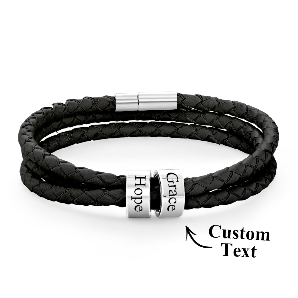 Men Braided Leather Bracelet with Small Custom silver Beads