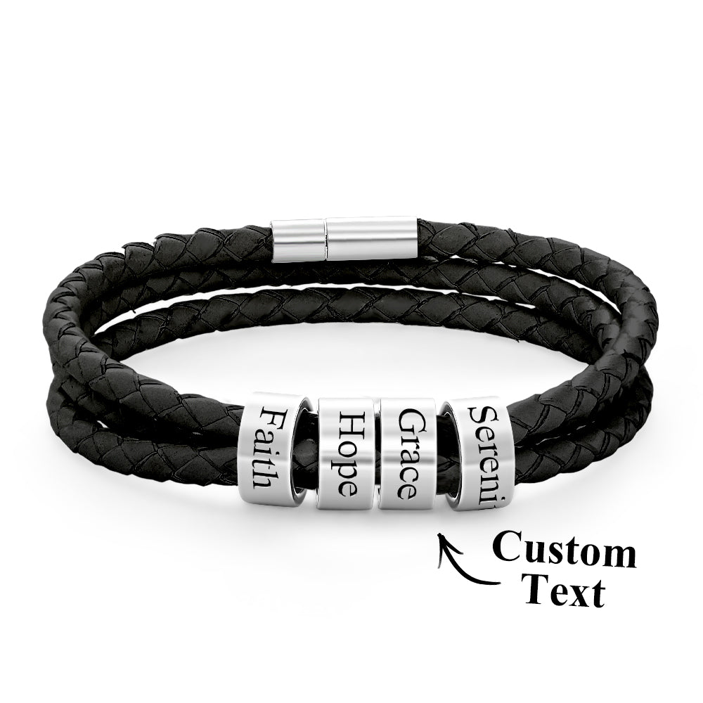 Men Braided Leather Bracelet with Small Custom silver Beads