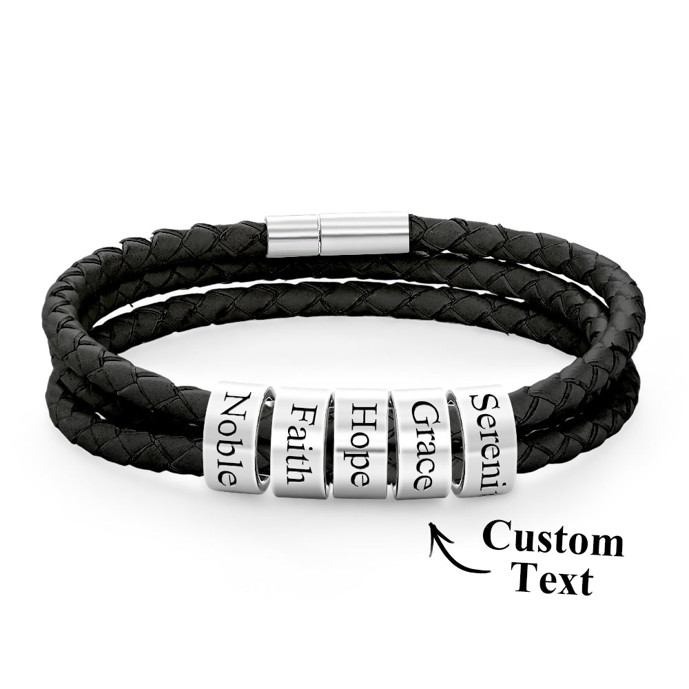 Men Braided Leather Bracelet with Small Custom silver Beads