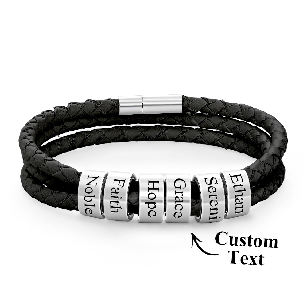Men Braided Leather Bracelet with Small Custom silver Beads