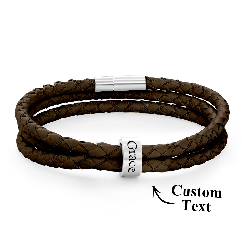 Men Braided Leather Bracelet with Small Custom silver Beads