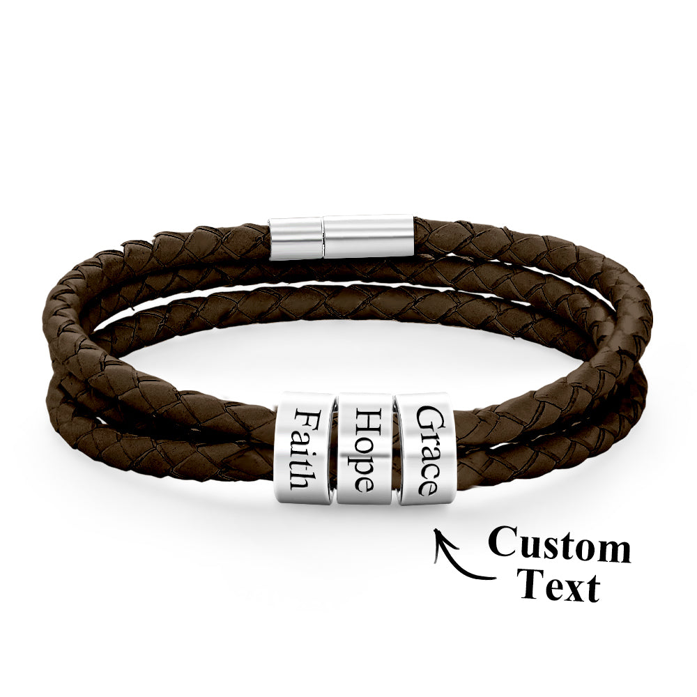 Men Braided Leather Bracelet with Small Custom silver Beads
