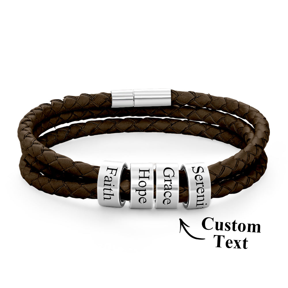 Men Braided Leather Bracelet with Small Custom silver Beads