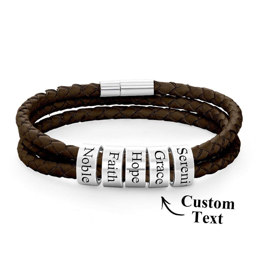 Men Braided Leather Bracelet with Small Custom silver Beads