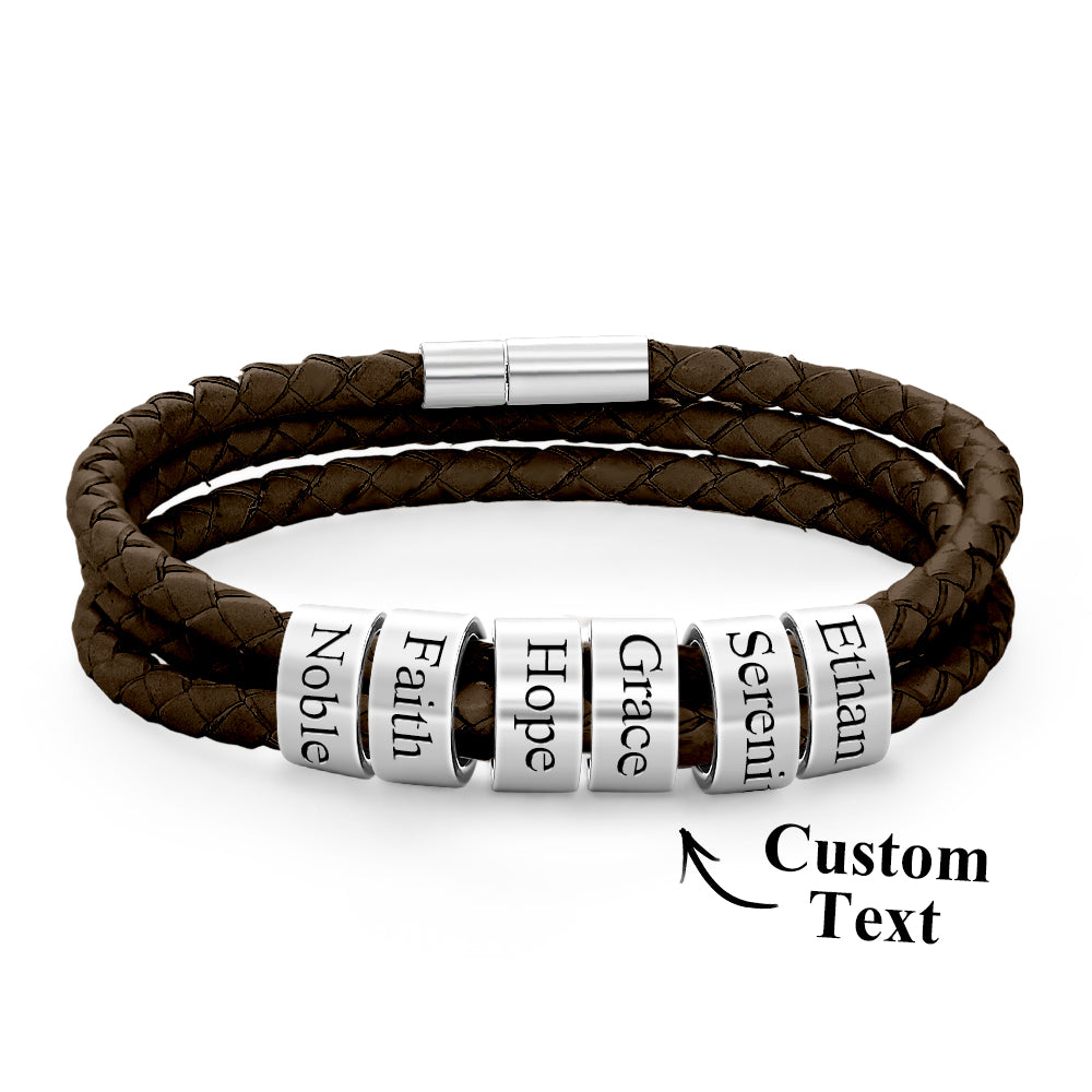 Men Braided Leather Bracelet with Small Custom silver Beads