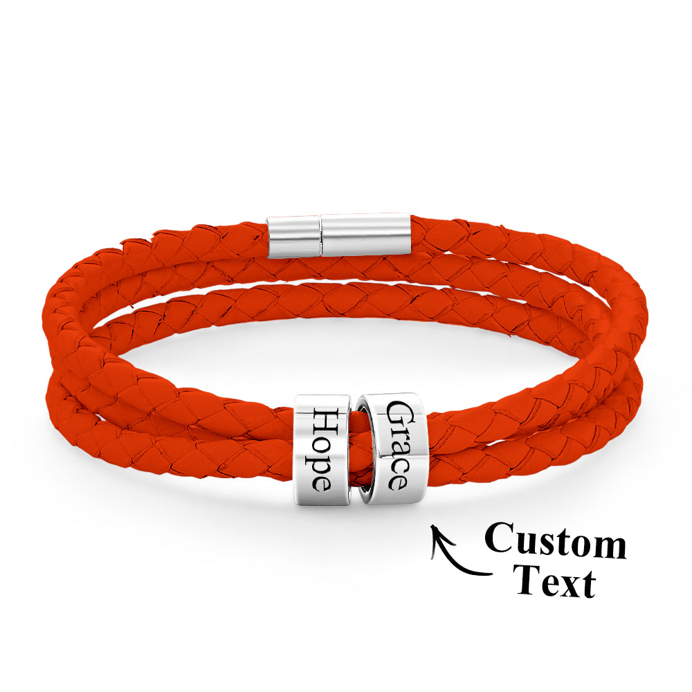 Men Braided Leather Bracelet with Small Custom silver Beads