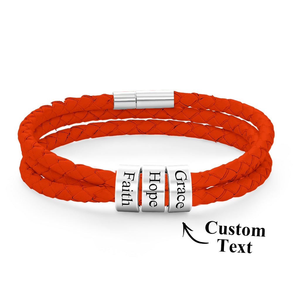 Men Braided Leather Bracelet with Small Custom silver Beads