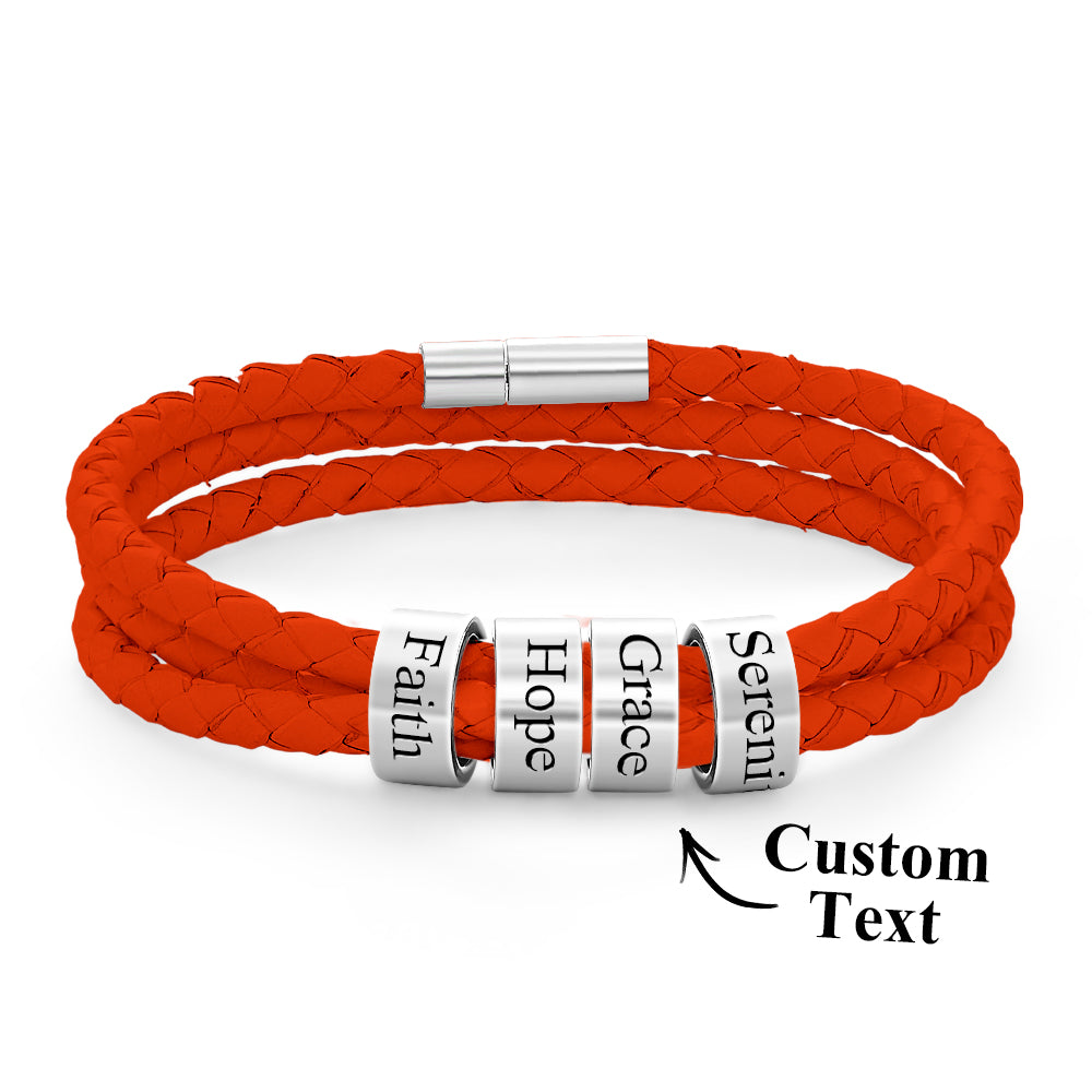 Men Braided Leather Bracelet with Small Custom silver Beads