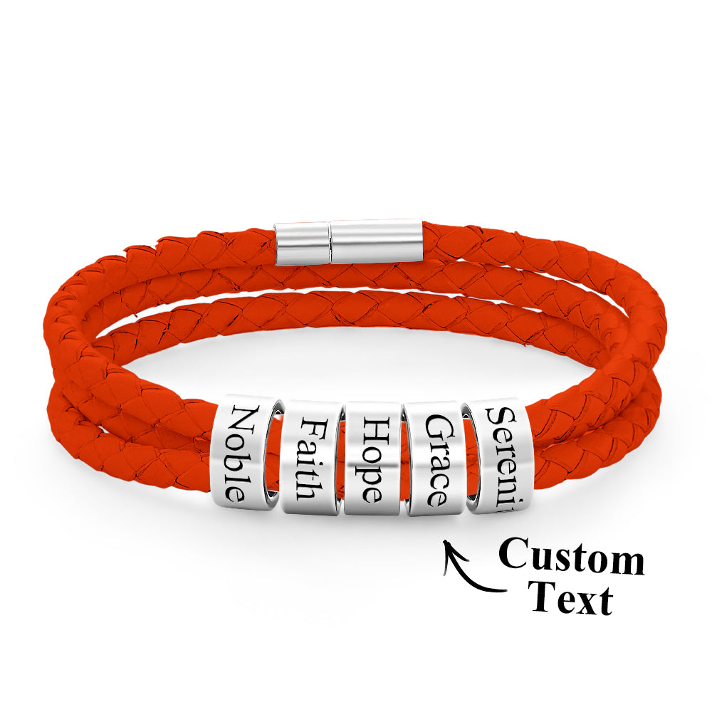 Men Braided Leather Bracelet with Small Custom silver Beads