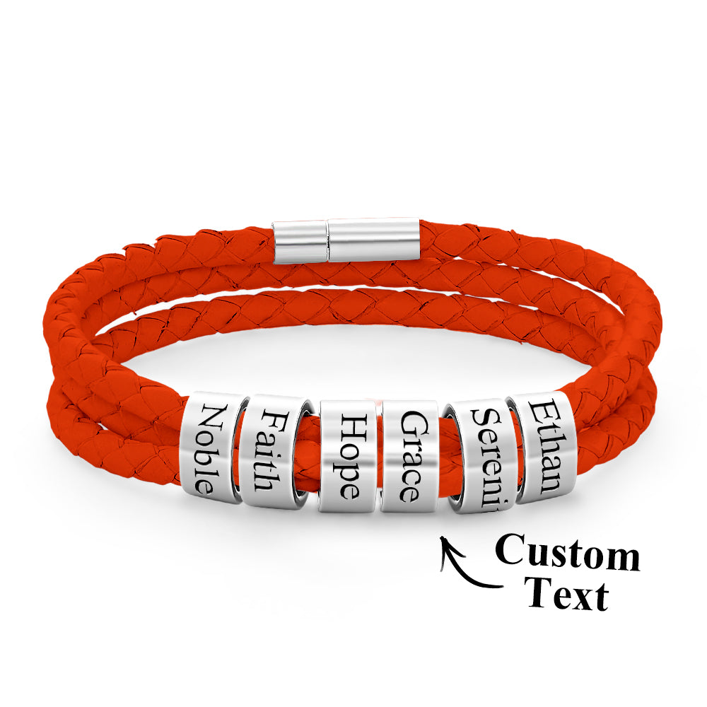 Men Braided Leather Bracelet with Small Custom silver Beads