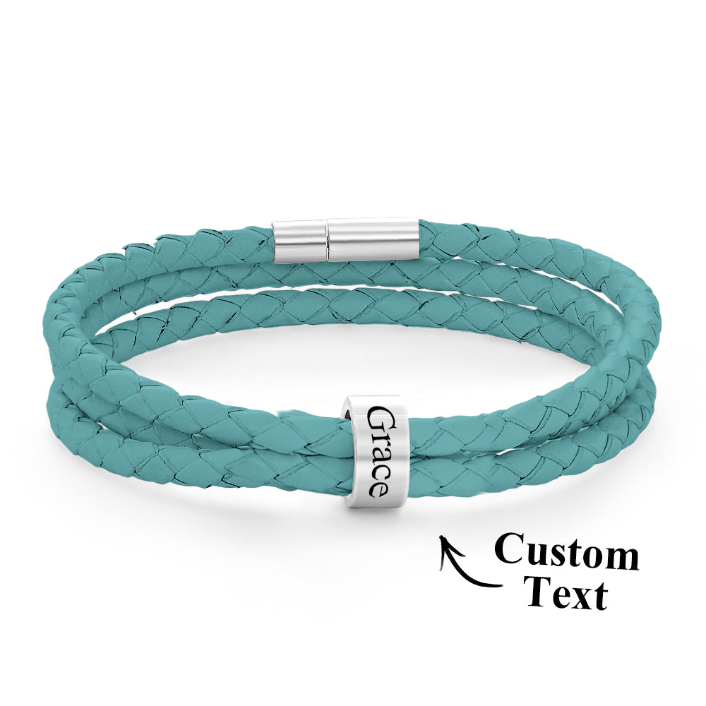 Men Braided Leather Bracelet with Small Custom silver Beads