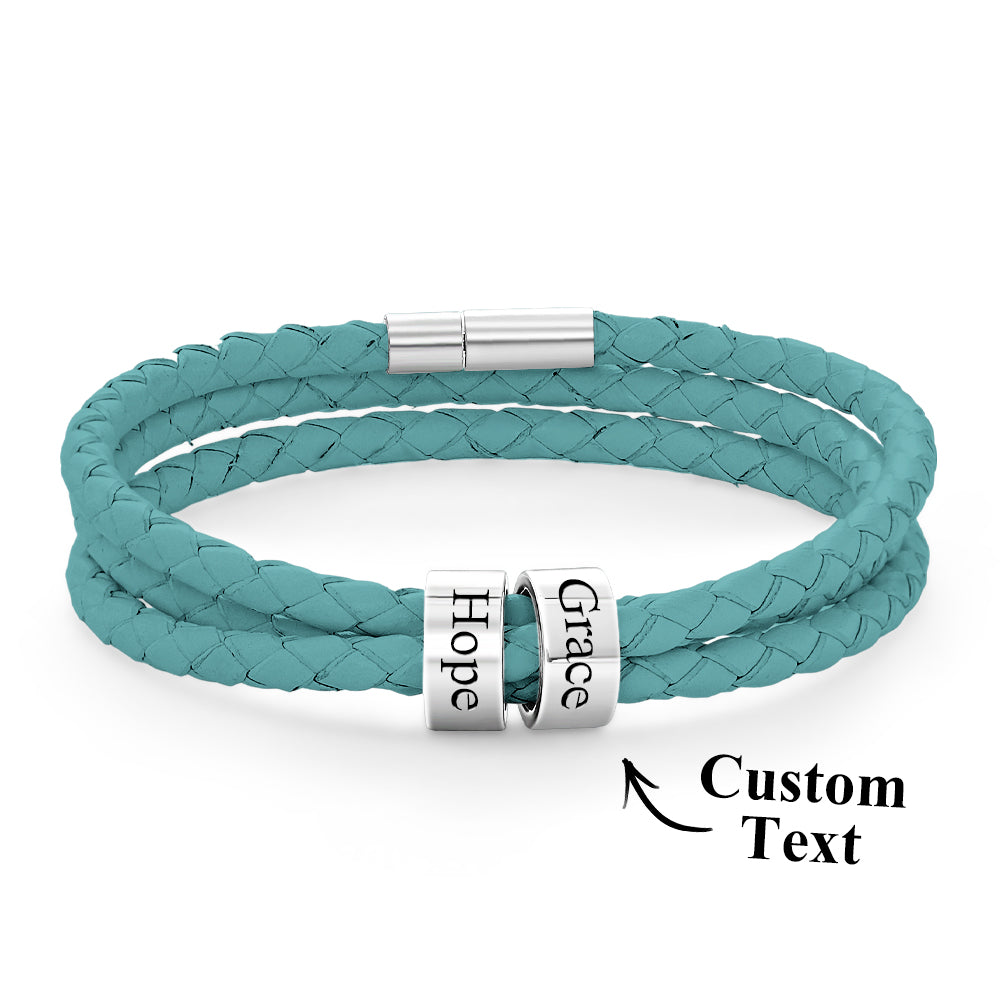Men Braided Leather Bracelet with Small Custom silver Beads