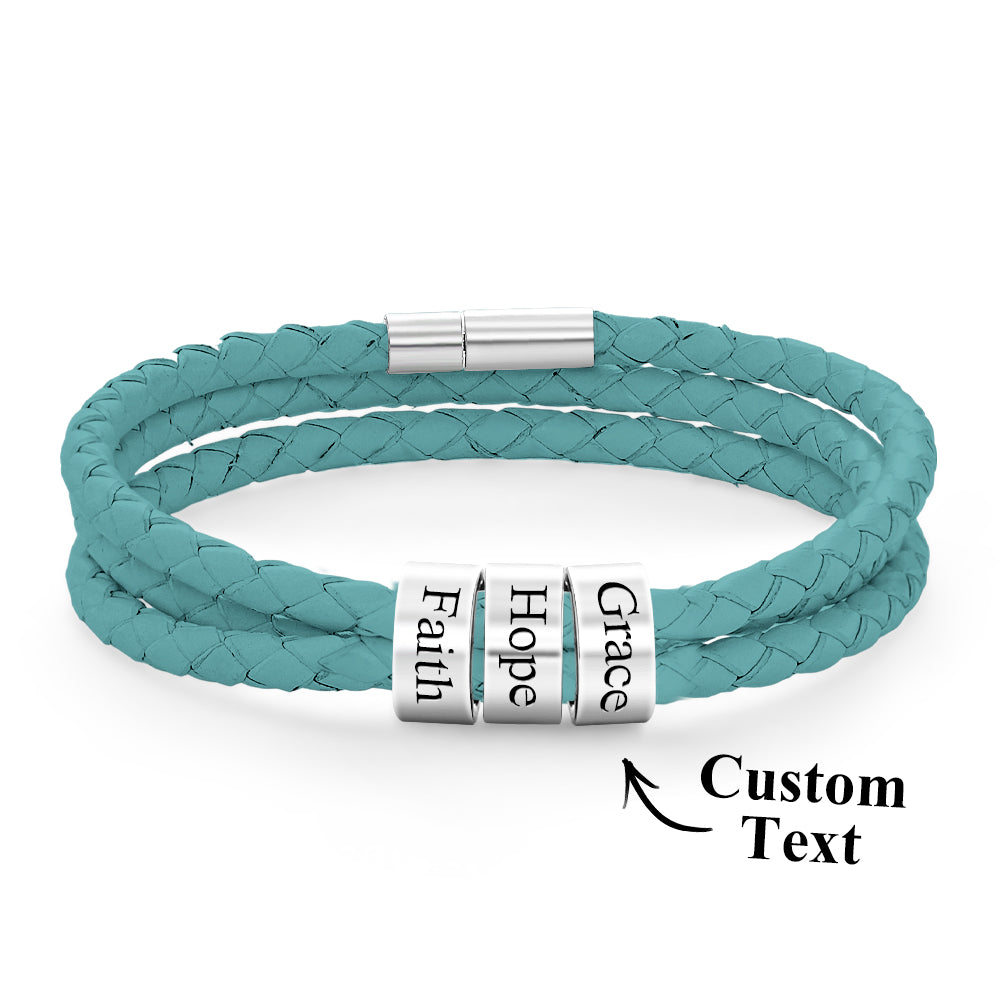 Men Braided Leather Bracelet with Small Custom silver Beads
