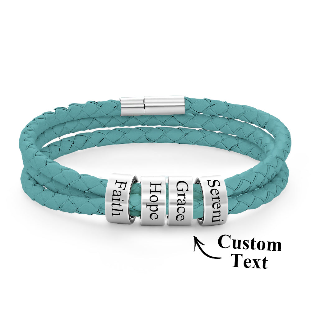 Men Braided Leather Bracelet with Small Custom silver Beads