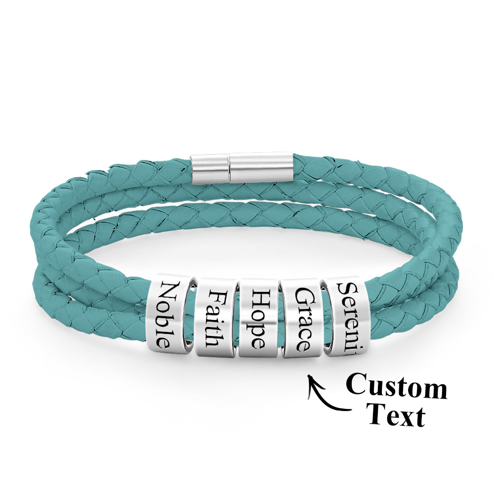 Men Braided Leather Bracelet with Small Custom silver Beads