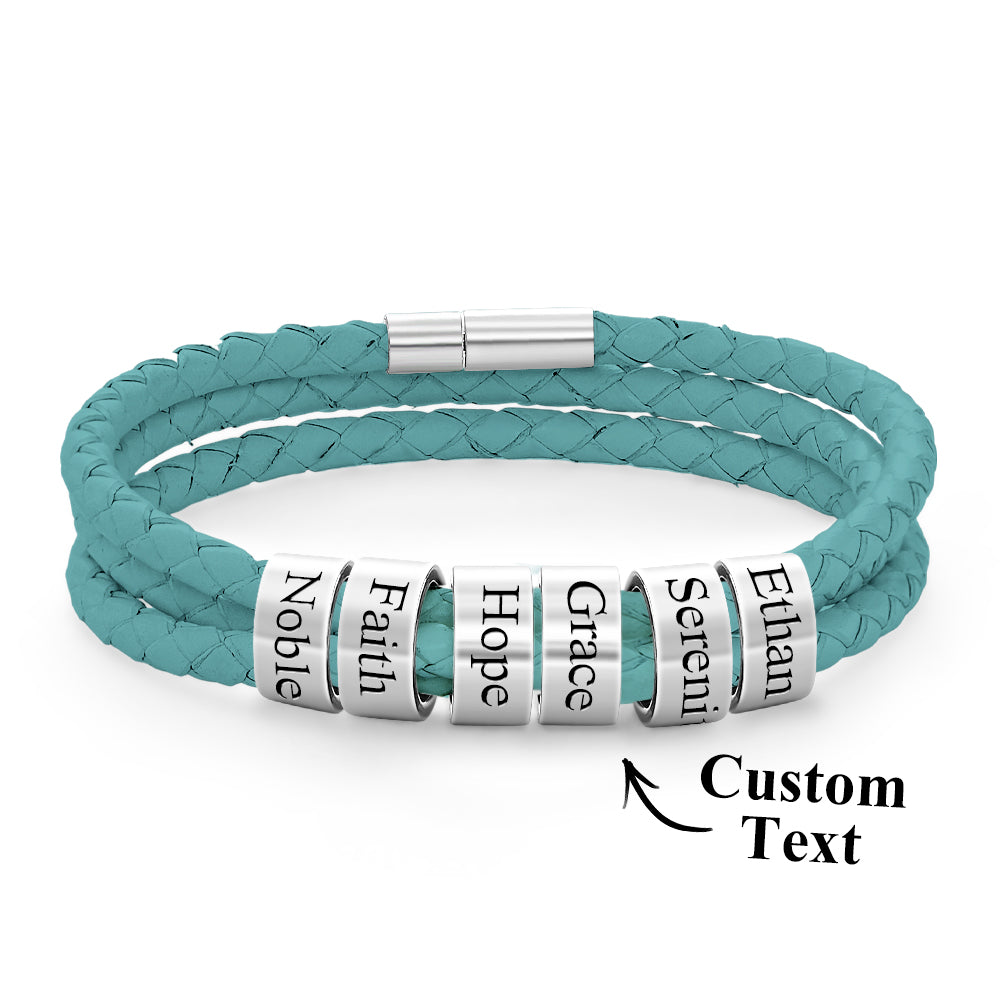Men Braided Leather Bracelet with Small Custom silver Beads