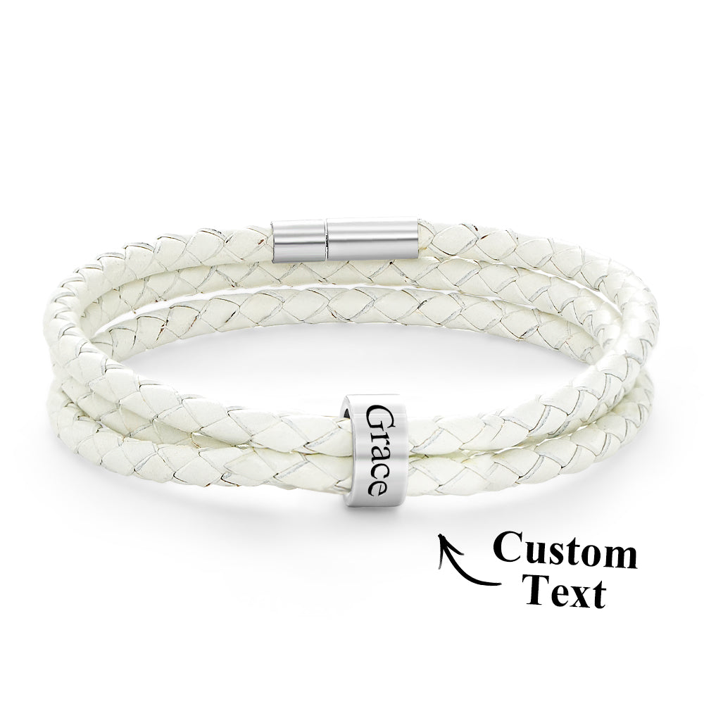 Men Braided Leather Bracelet with Small Custom silver Beads
