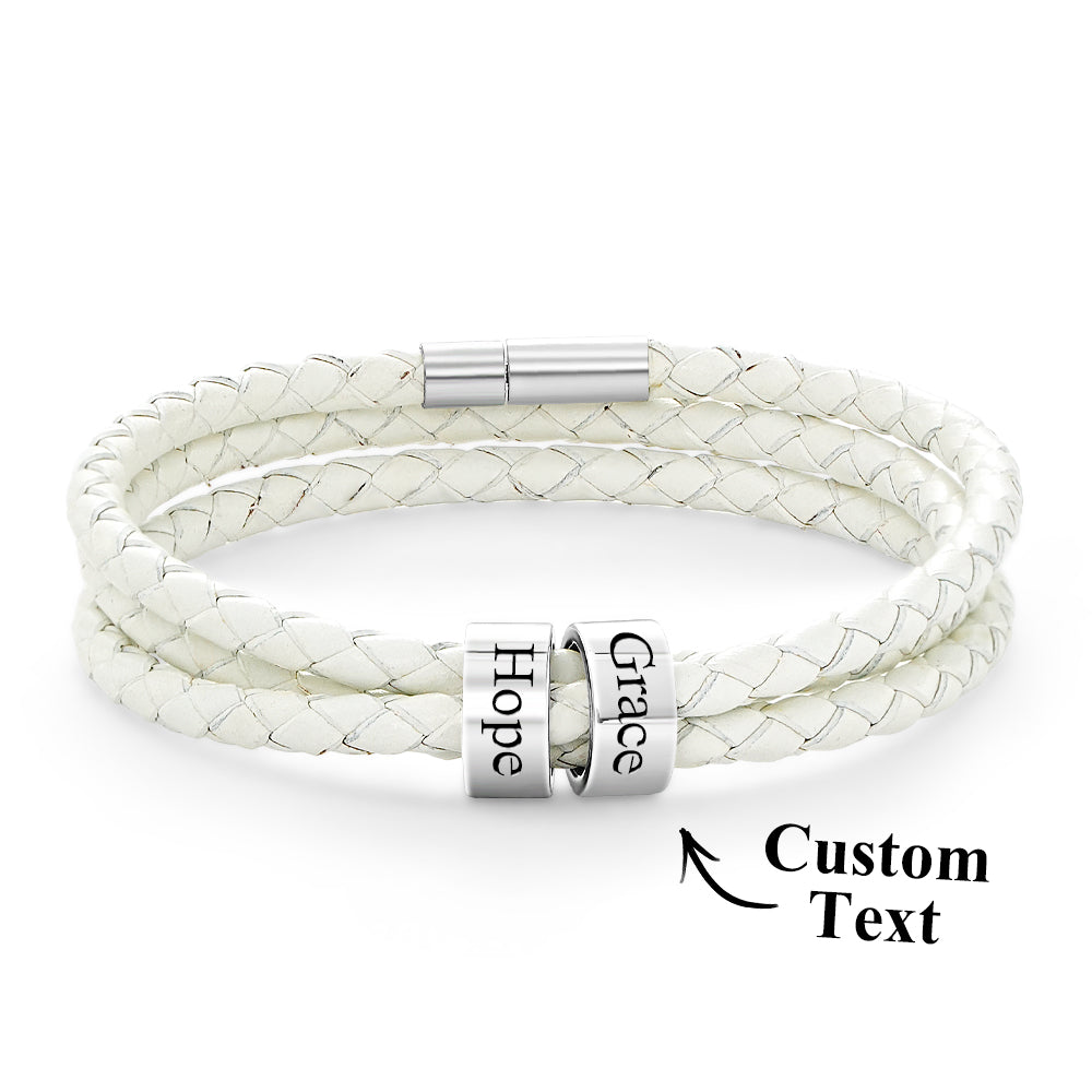 Men Braided Leather Bracelet with Small Custom silver Beads