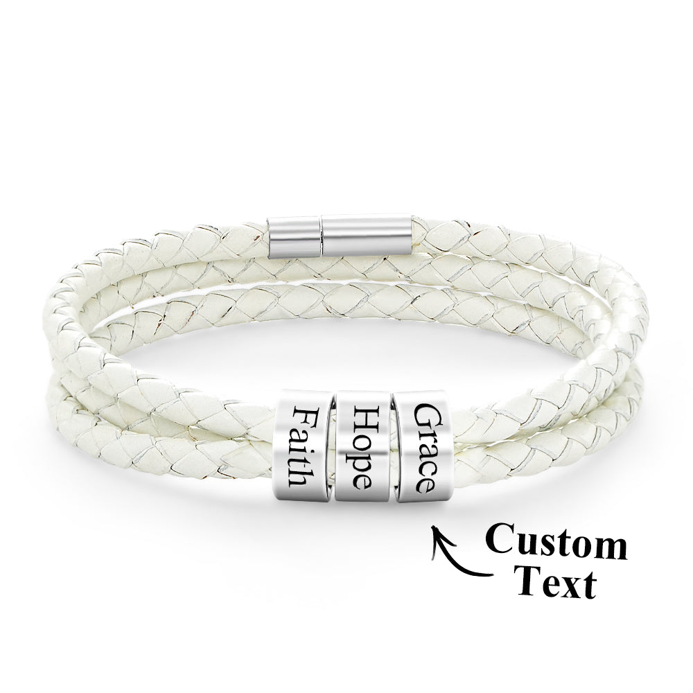 Men Braided Leather Bracelet with Small Custom silver Beads