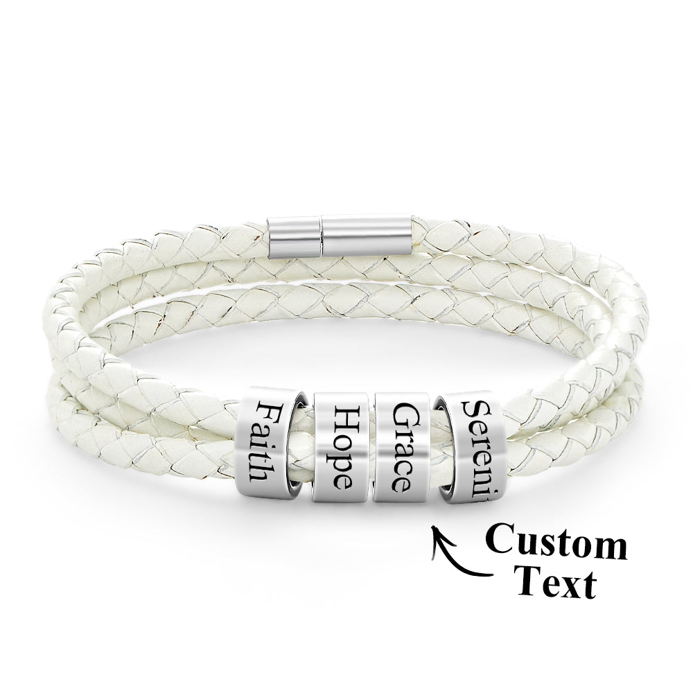 Men Braided Leather Bracelet with Small Custom silver Beads