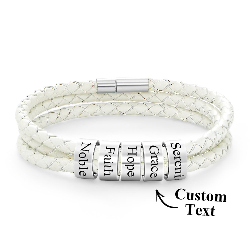 Men Braided Leather Bracelet with Small Custom silver Beads