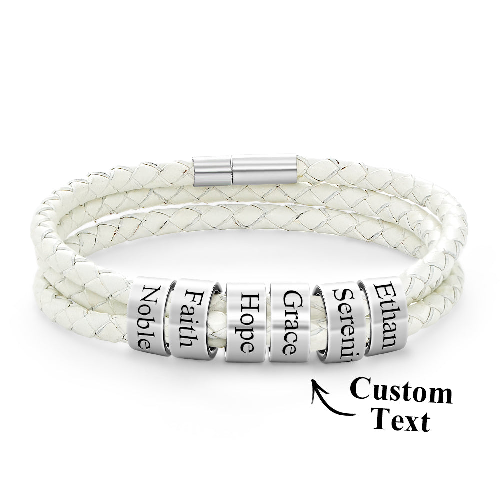 Men Braided Leather Bracelet with Small Custom silver Beads
