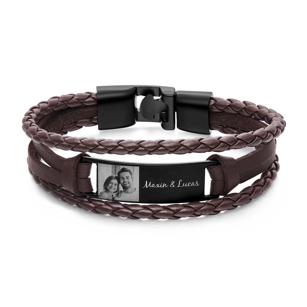 Custom Photo Men's Bracelet PU Leather Engraved Name and Date Men's Bracelet Best Valentine's Day Gift for Him