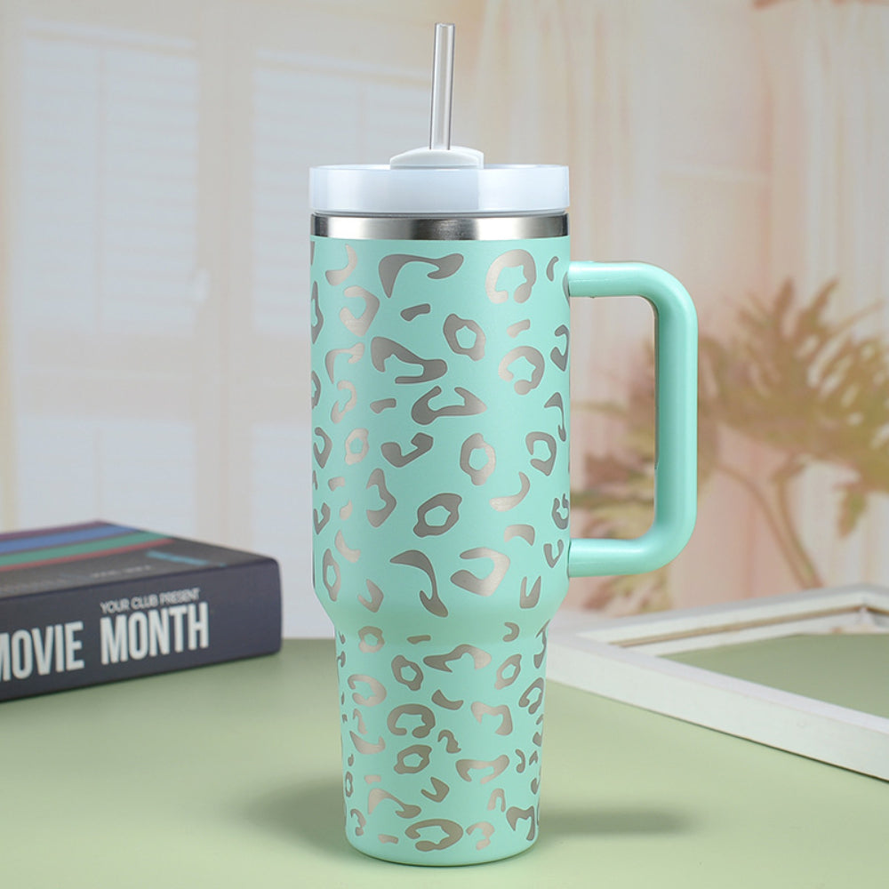 40oz Insulated Mug with Handle and Straw Colorful Leopard Pattern Stainless Steel Travel Cup Gift for Family Friends Couples