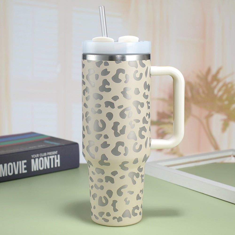 40oz Insulated Mug with Handle and Straw Colorful Leopard Pattern Stainless Steel Travel Cup Gift for Family Friends Couples