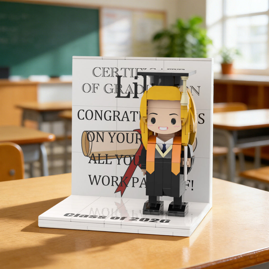 Custom Text Cute Brick Figure Full Body Customizable 1 Person Display Panel Graduation Gift