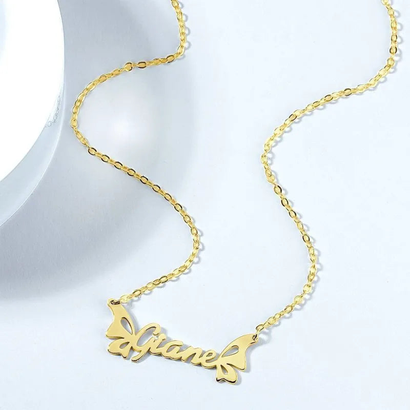 Personalized Name 14K Gold Butterfly Necklace Valentines Gift For Her
