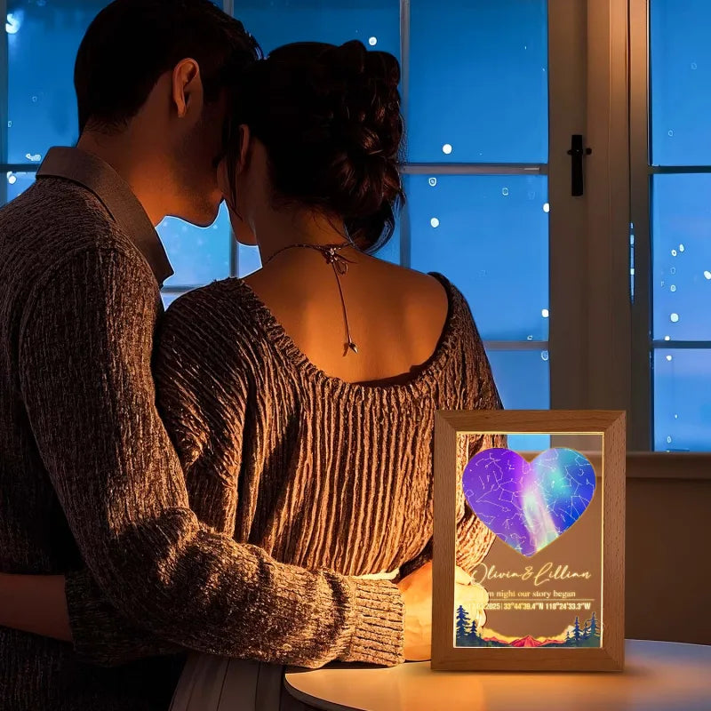 Custom Star Map Night Light Acrylic Lamp with Date Text and Wooden Base Home Decor for Valentine’s Day Anniversary Gift for Couples