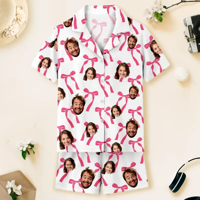 Custom 2 Faces Short Sleeve Pajama with Bowknot Pattern Prints Valentine's Day Gift for Her