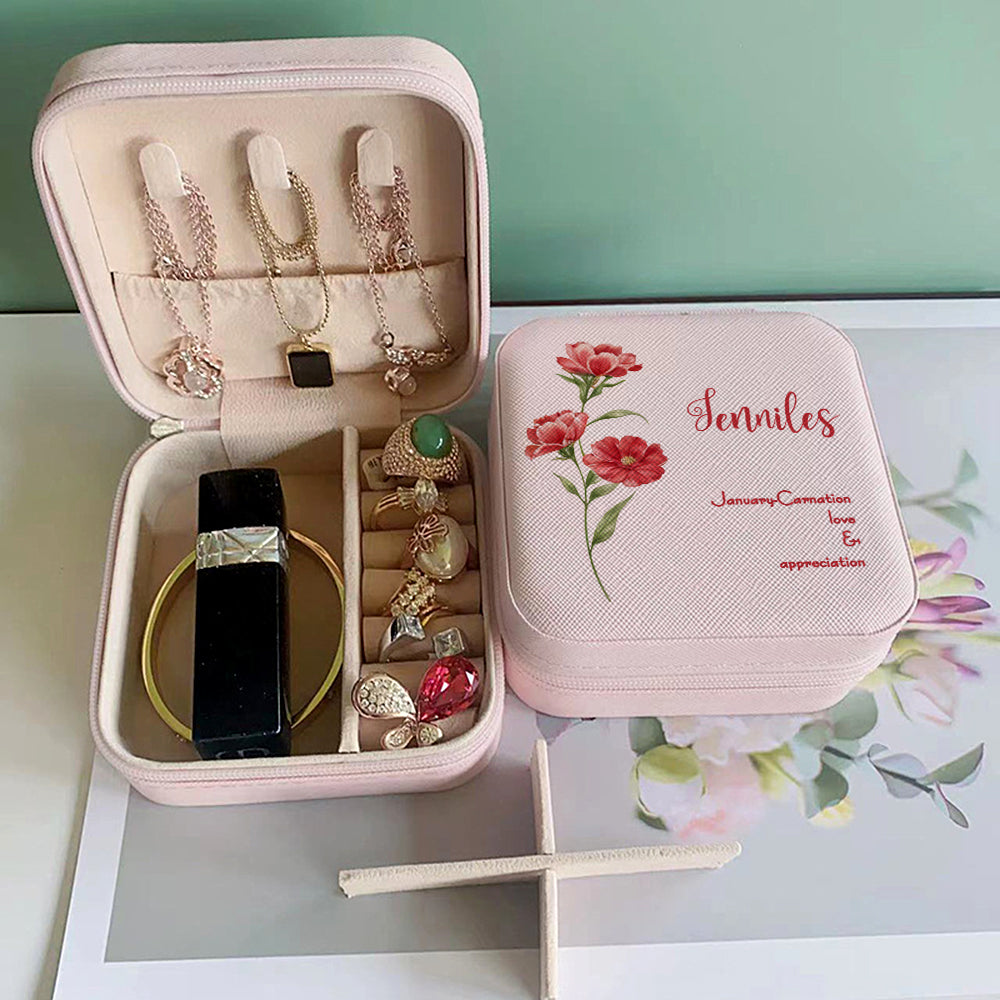 Personalized Birth Flower PU Leather Jewelry Box Bridesmaid Gift for Her