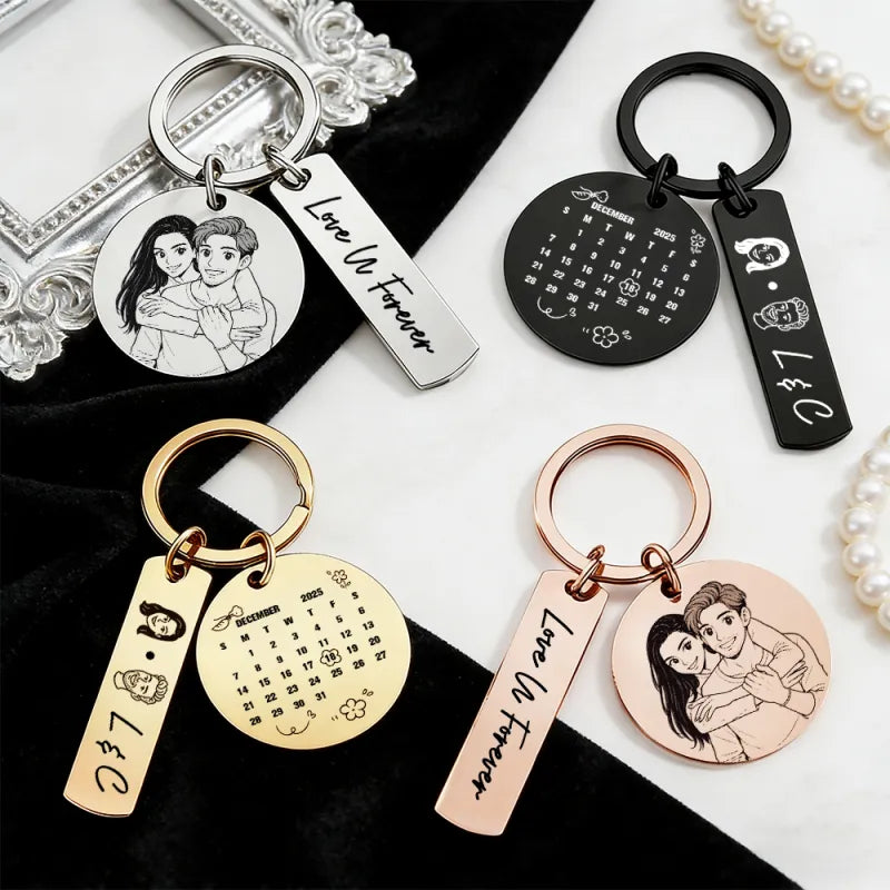 Personalized Calendar Keychain Custom Photo and Date Keyring Couple Portrait Keychain Anniversary Valentines Gift